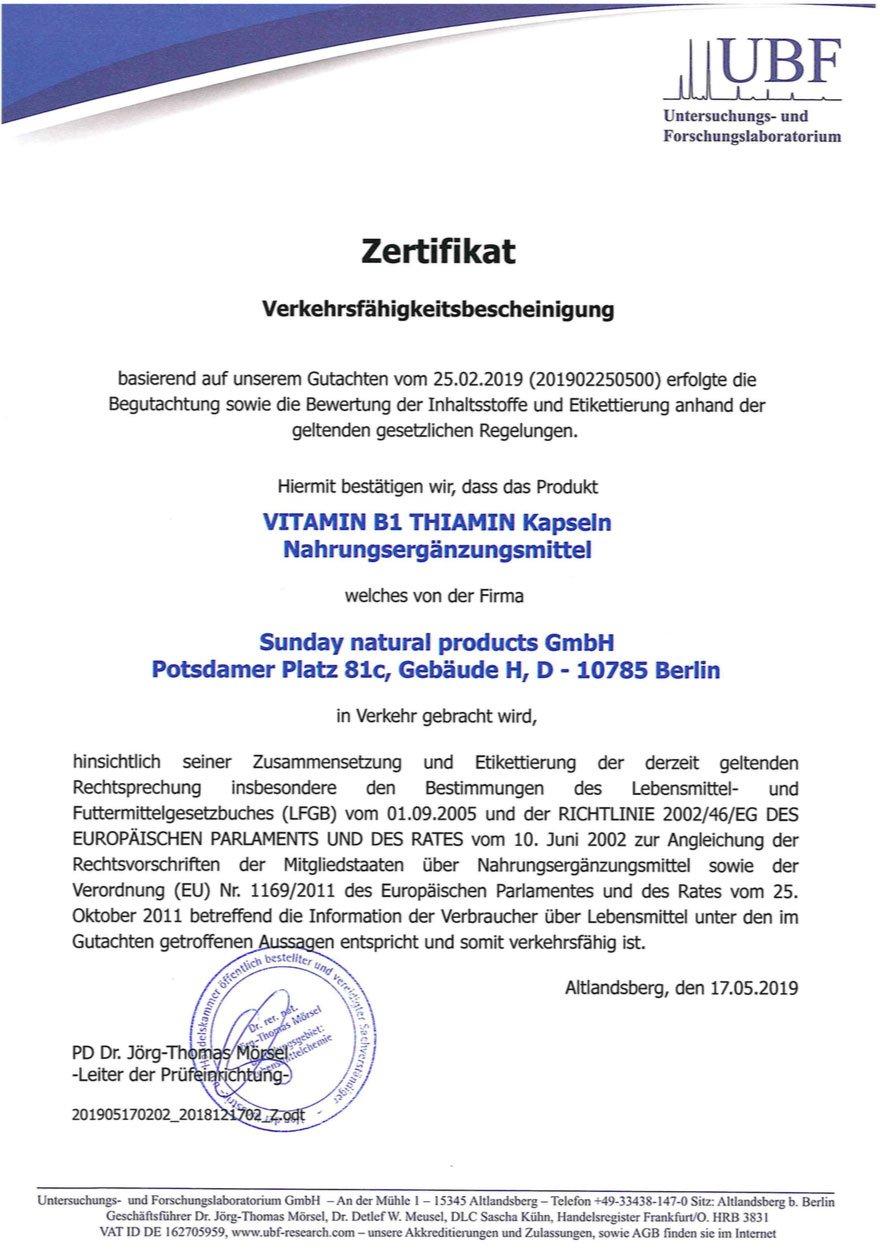 Vitamin B1 (Thiamin) Pharmaqualität ohne Zusätze. Hochdosiert 250mg