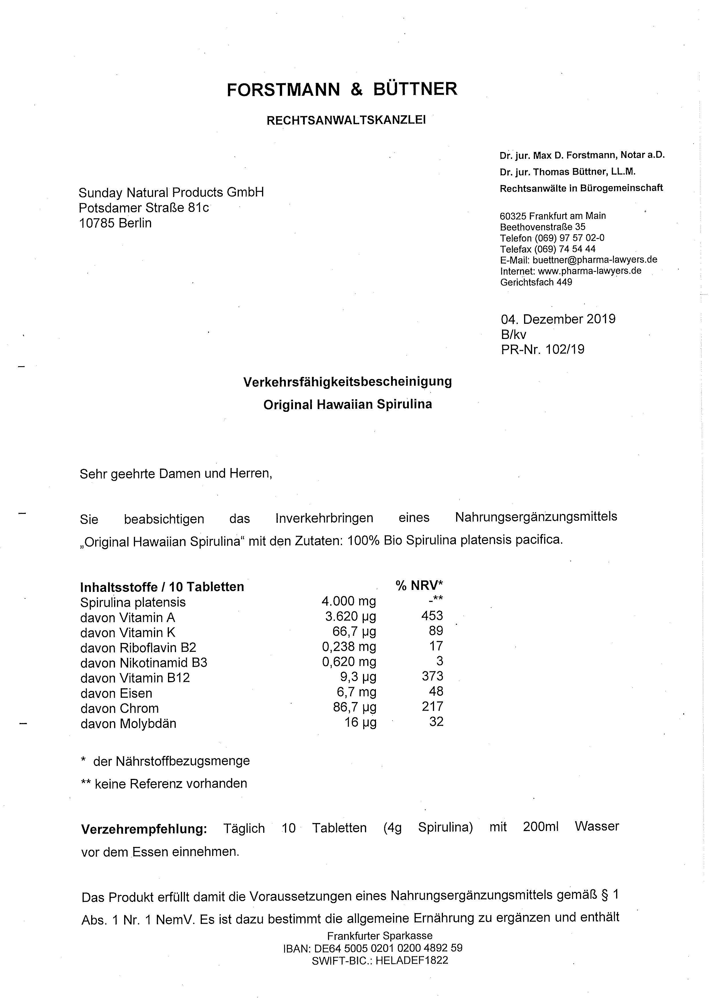 Hawaiian Spirulina Tablets The Original in Premium Quality Sunday