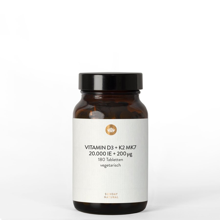 Vitamin D3 20000 IE + 200µg K2 180 Tabletten hochrein, bioaktiv