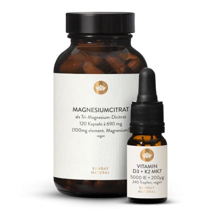 Magnesium Citrat 120 Kapseln 5.000 Ie Vitamin D3 + 200 Μg K2  Set, Vegan