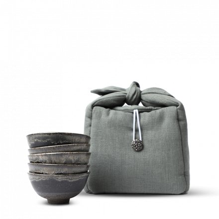 Yoshi En Tea Bowls Black Set of 5 w/ Grey Bag
