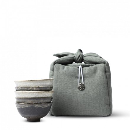 Yoshi En Tea Bowls Black/White Set of 5 w/ Grey Bag