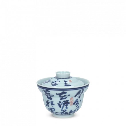 Jingdezhen Kalligraphie Porzellan Gaiwan Fu Lu blau-weiß