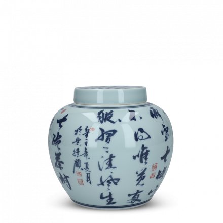 Jingdezhen Kalligraphie Porzellan großer Teebehälter blau-weiß