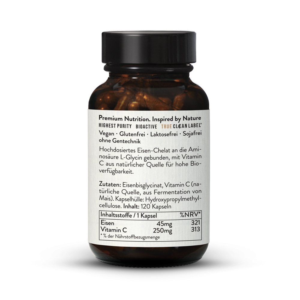 Eisen 45mg Als Eisenbisglycinat Chelatiert Mit Vitamin C Aus Naturl Quelle Bioaktiv Vegan 120 Kapseln Sunday Natural