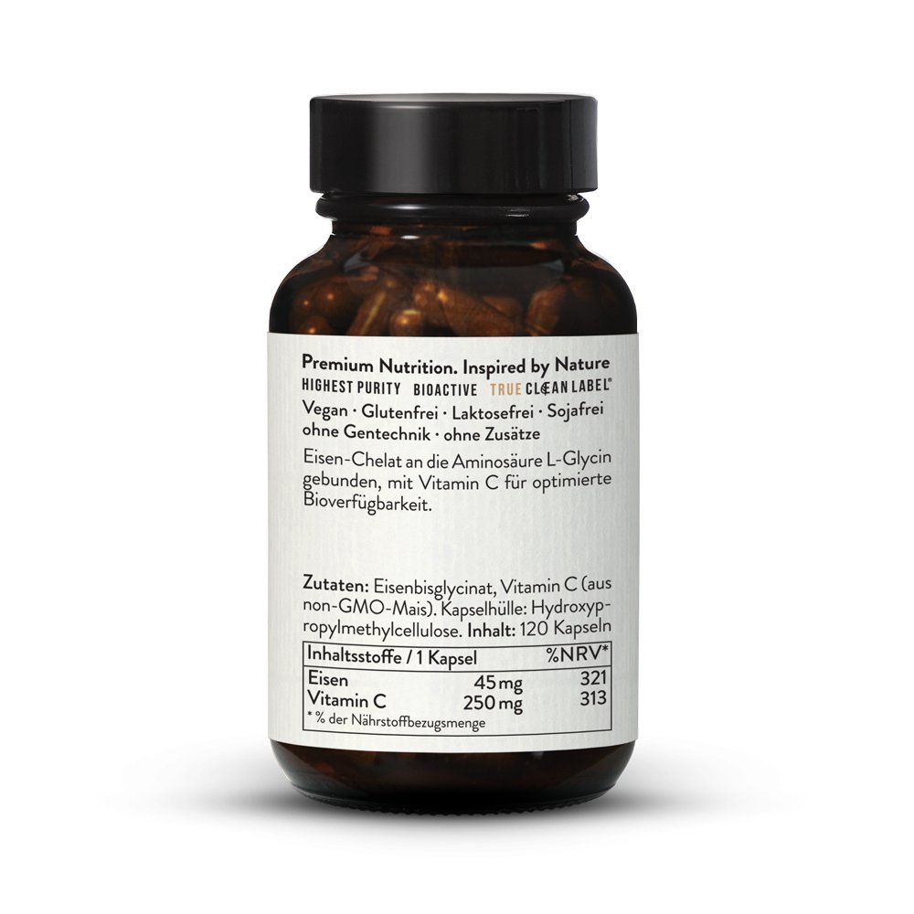 Iron Chelate 45mg Iron Bisglycinate + Vitamin C. Vegan Sunday Natural