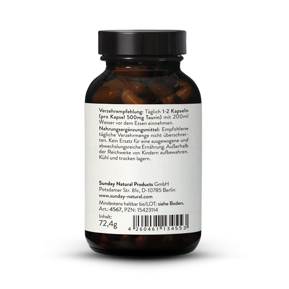 Taurin Hochrein Vegan Pharmaqualitat 500mg X 120 Kapseln Sunday Natural