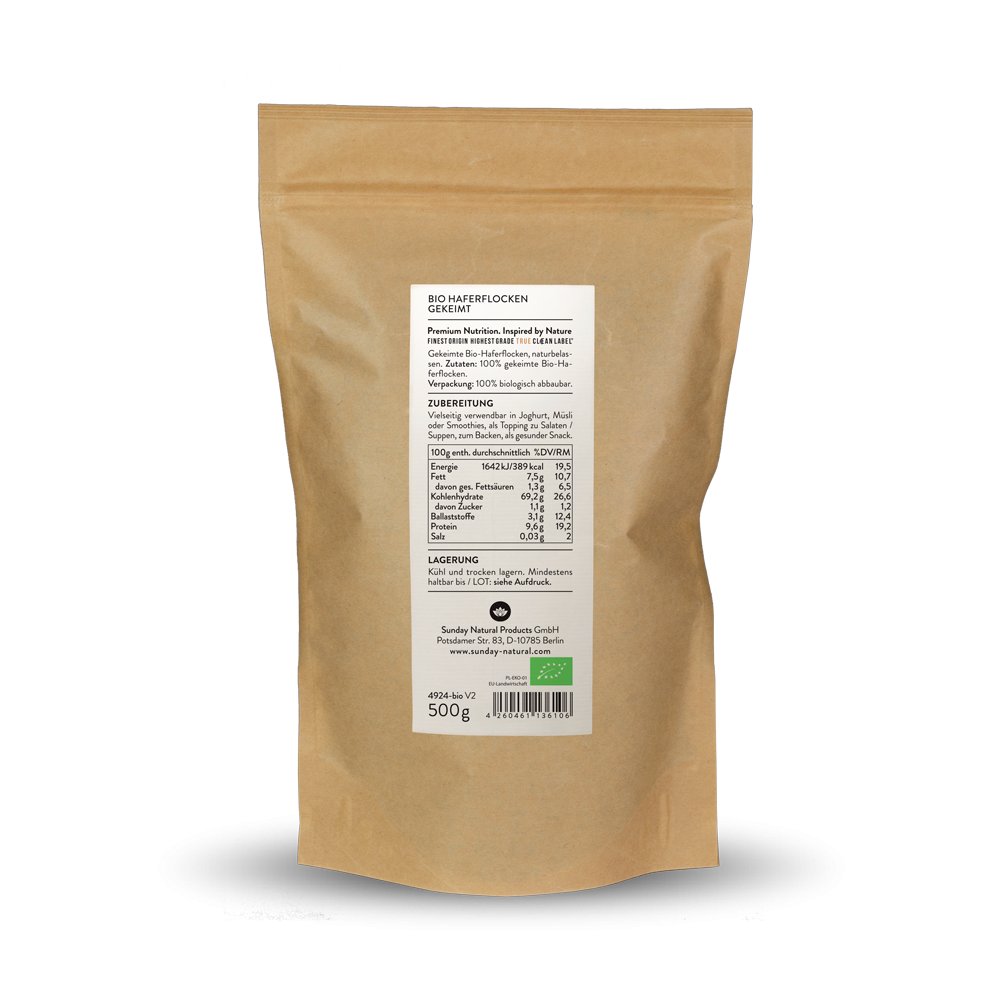 Flocons d'avoine Bio germés, qualité crudité, sans gluten, qualité