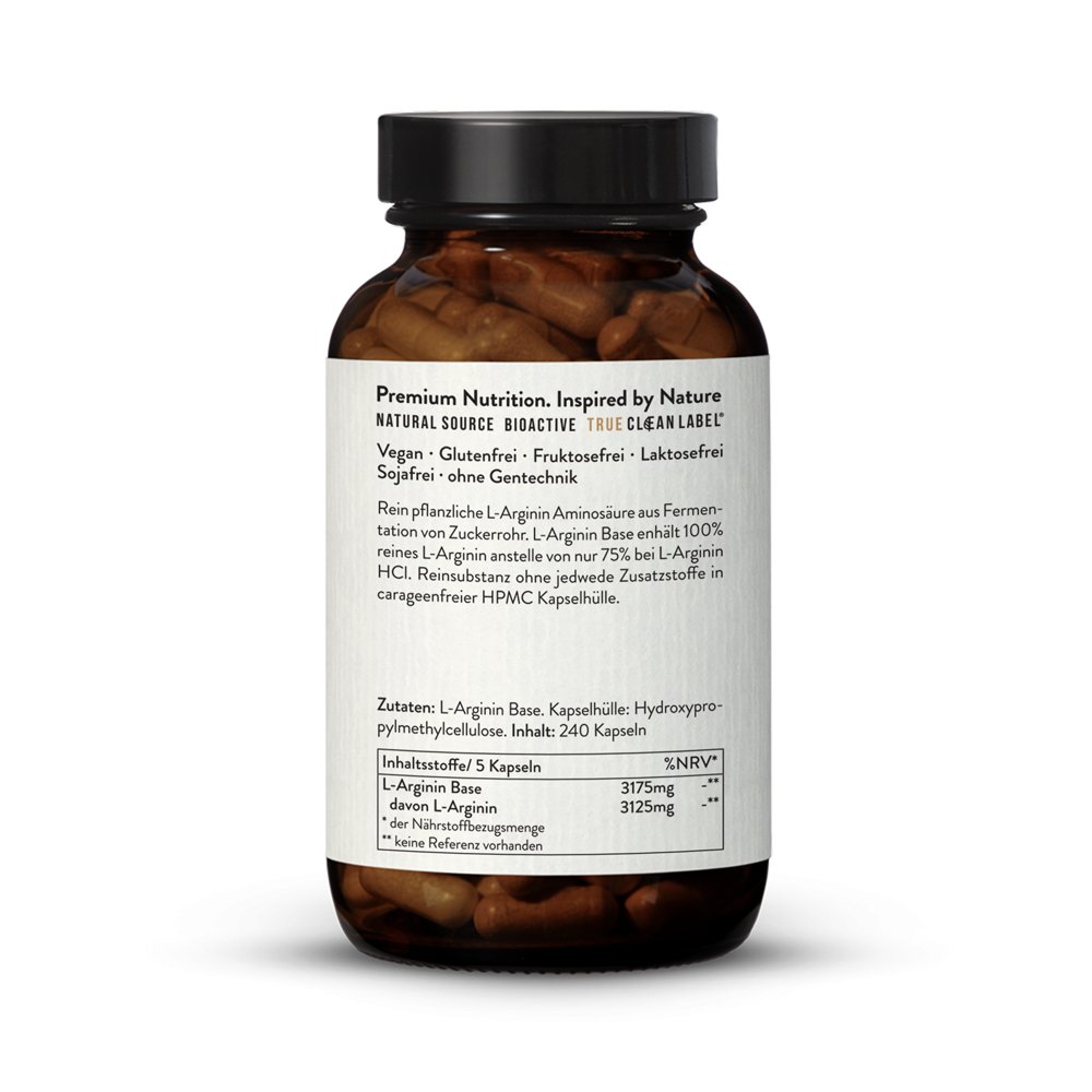 LArginine Base Capsules from Fermentation, Vegan. 240 Capsules