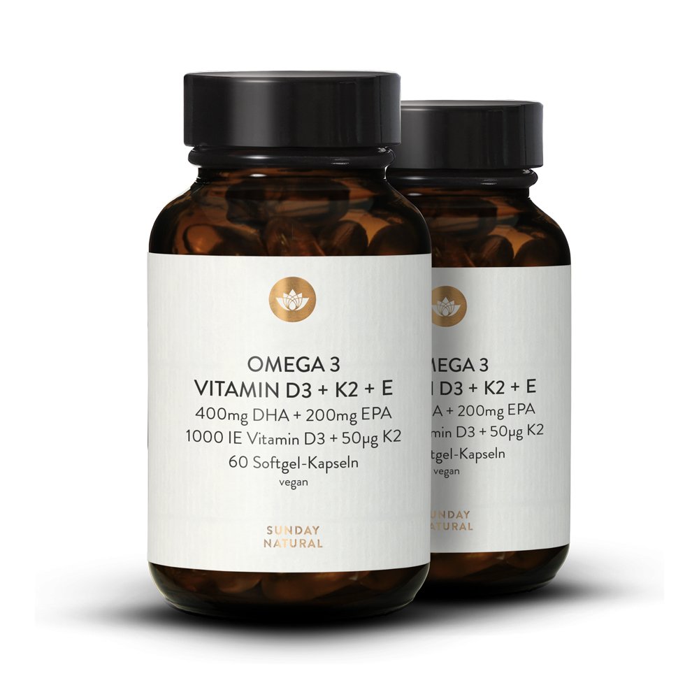 Omega 3 + Vitamin D3 + K2 + E. Vegan. 60 softgel capsules