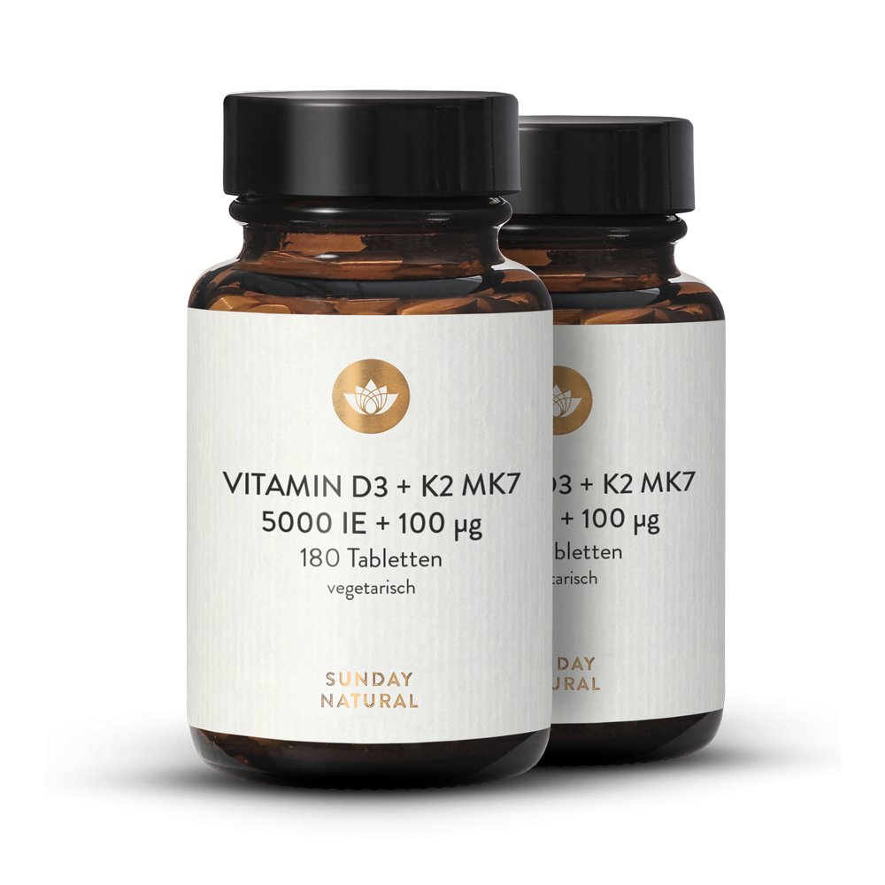 Vitamin D3 5000 IE + 100µg K2 180 Tabletten hochrein bioaktiv Sunday
