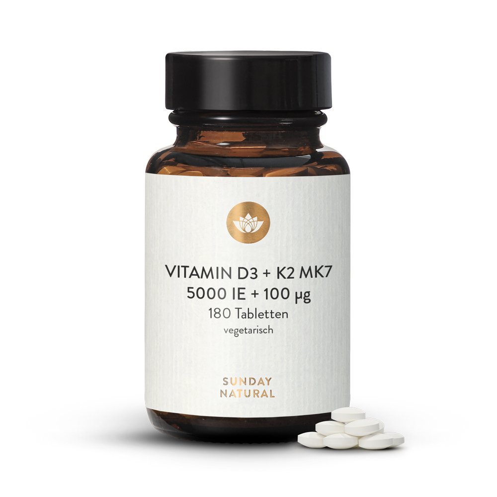 Vitamin D3 5000 IE + 100µg K2 180 Tabletten hochrein bioaktiv Sunday