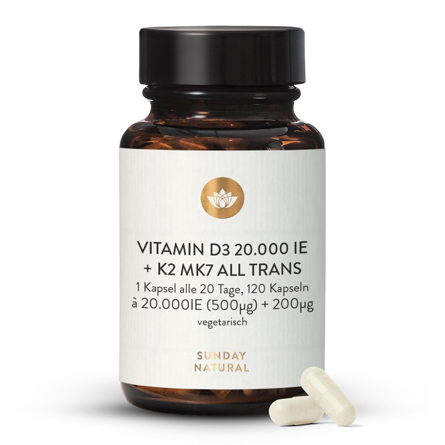 Vitamin D3 + K2 MK7 all trans 20000 IE + 200µg x 120 Kapseln Sunday