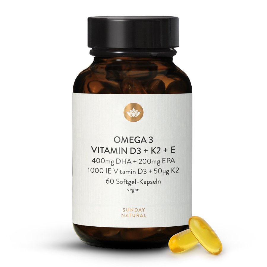 Omega 3 + Vitamin D3 + K2 + E. Vegan. 60 softgel capsules | Sunday Natural