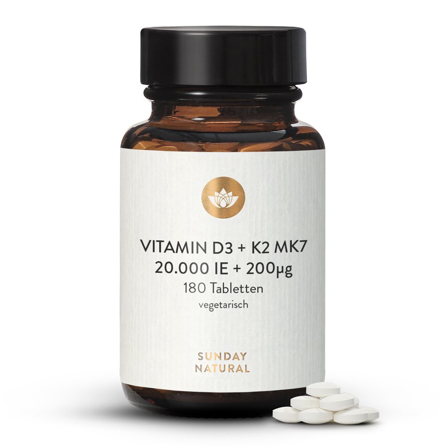 Vitamin D3 20.000 I.E Vitamin K2 200mcg 180 Tabletten MK-7 Menachinon-7 IE IU 