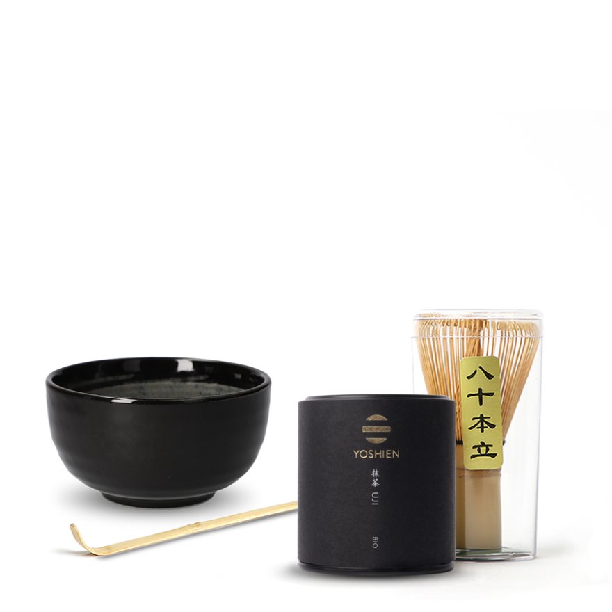 Matcha Teeset 6-teilig – Mit Schale, Bambus-Schneebesen, Sieb, Schaufel, Halter, Aus Keramik & Bambus