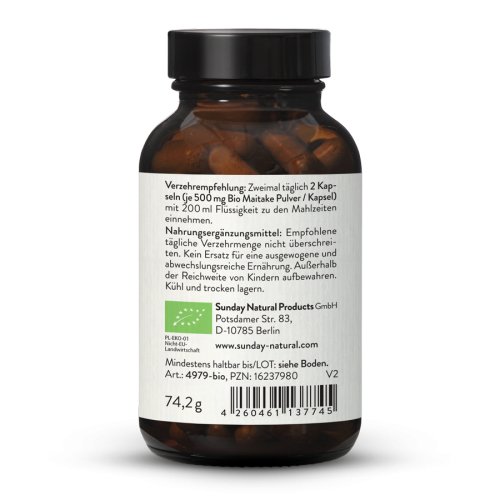 Bio Maitake Vitalpilz 500mg, 120 Kapseln in Rohkostqualität Sunday