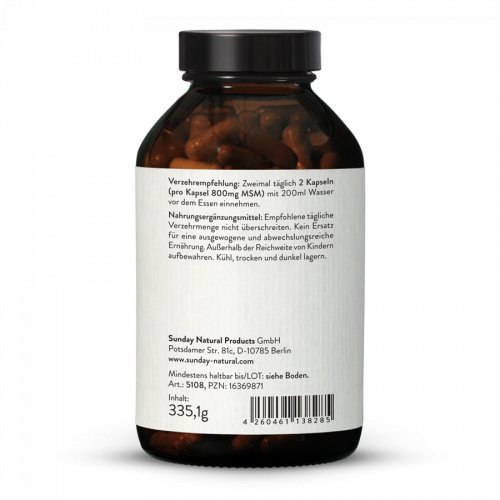 MSM 800mg Methylsulfonylmethan ohne Zusätze 365 Kapseln Sunday Natural