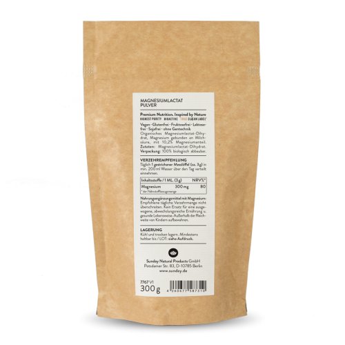 Lactate de magnésium, très bien toléré, vegan, 2 x 300 g de poudre